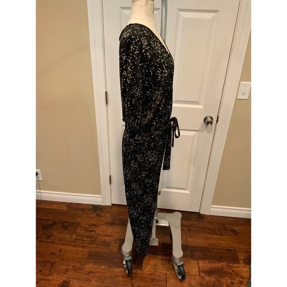 Allison Joy Black & White Speckled 3/4 Sleeve V-Neck Jumpsuit, Size Small - Picture 4 of 9